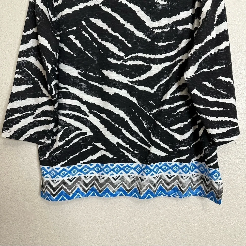 NWT Chico's Zebra Print Smooth Scoop 3/4 Sleeves Tunic Top, Sz Large
